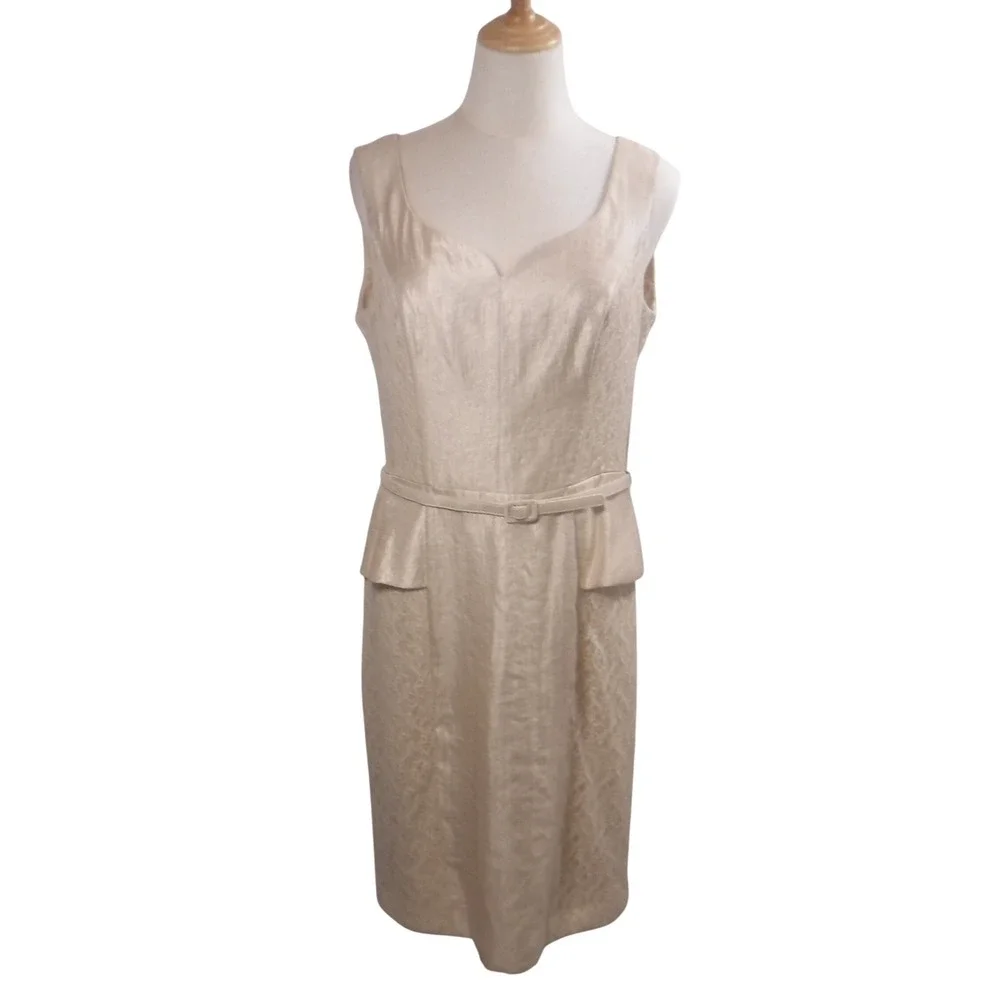 London Times Champagne Metallic Lace Peplum Sheath Dress Womens 12‎ NWT